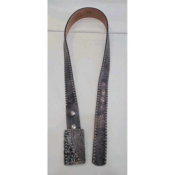 VTG Leatherock Studded Leather Belt Silver Geometric Buckle Black Distressed L36 main image 11